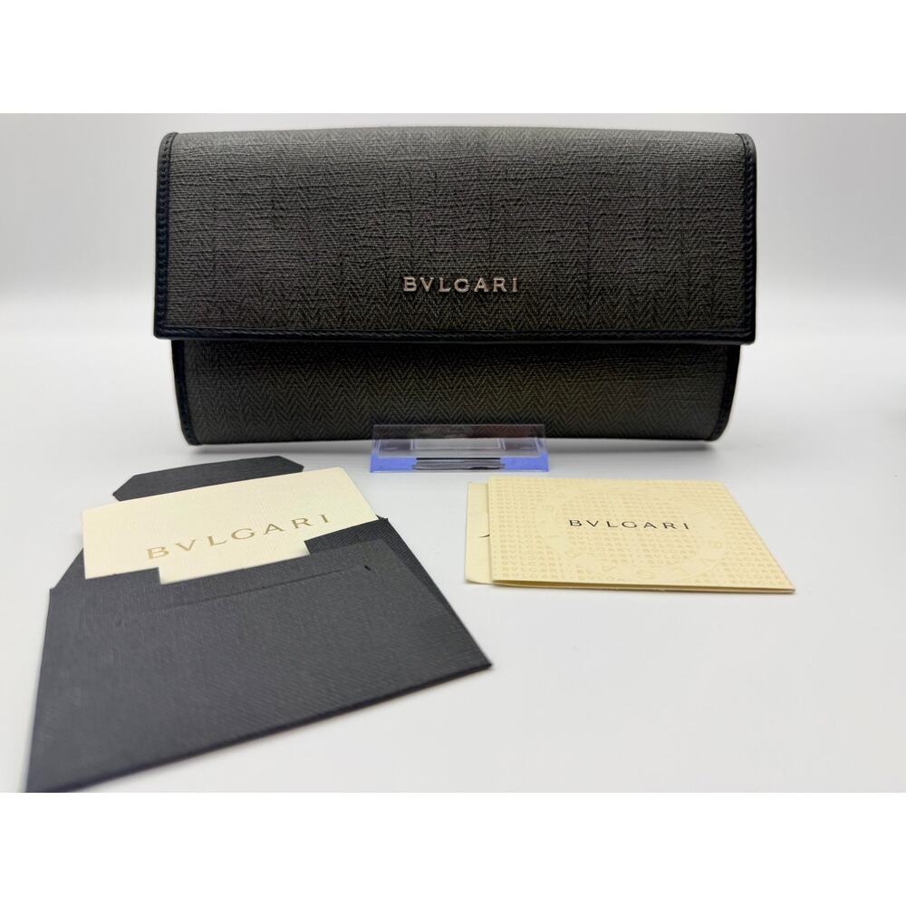 BVLGARI Weekend Long Wallet Gray Chevron Canvas Leather with Box MINT COND | COA
